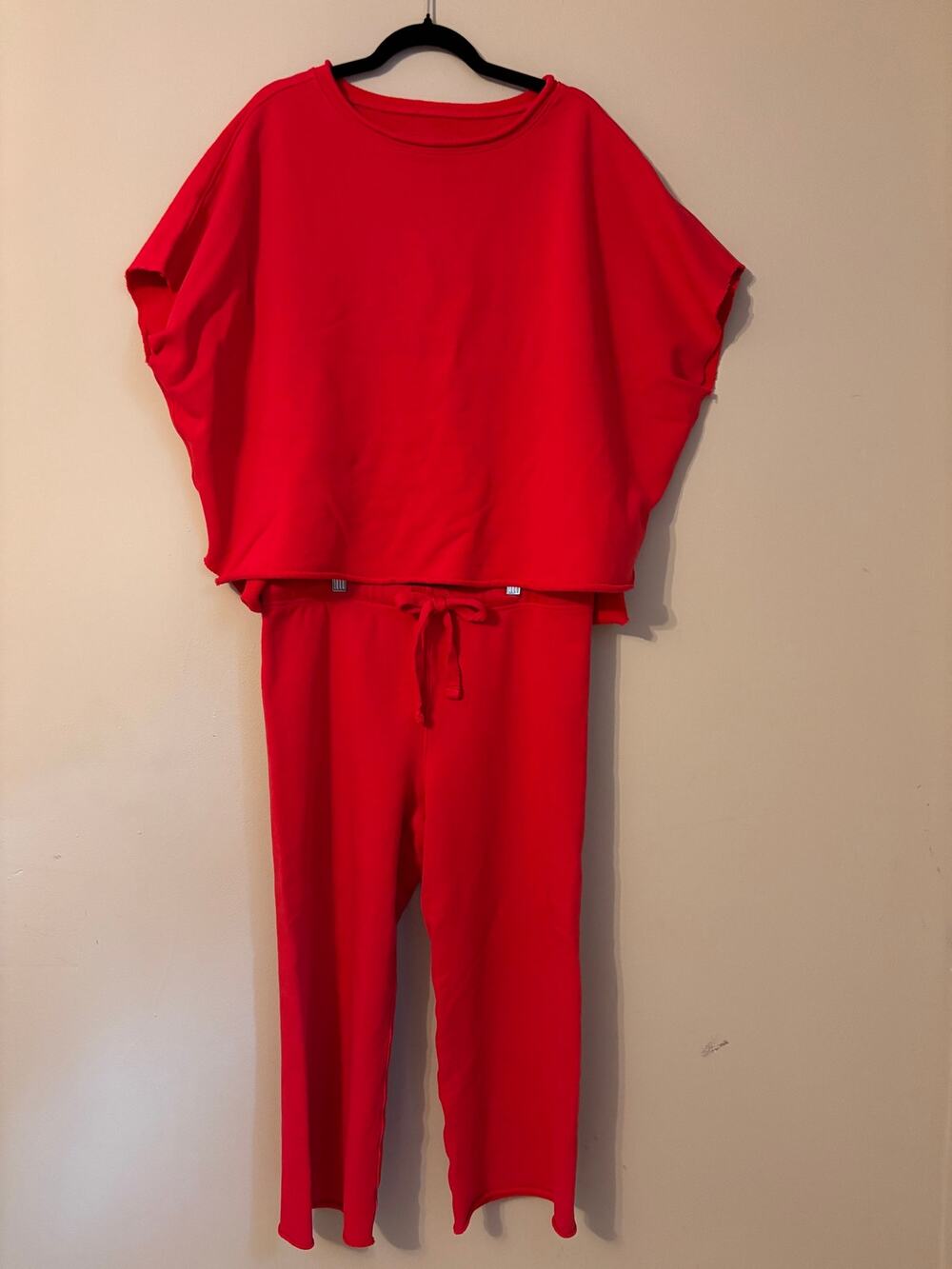 Frank & Eileen Cherry Red Sweat Set M OS Cropped Top Pants Raw Hem Oversized